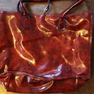 Shiny Burgundy Patent Leather-Look Tote Bag